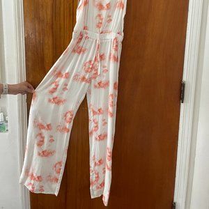 Shinestar Sleeveless Jumpsuit Size S White & Peach Elastic Waist